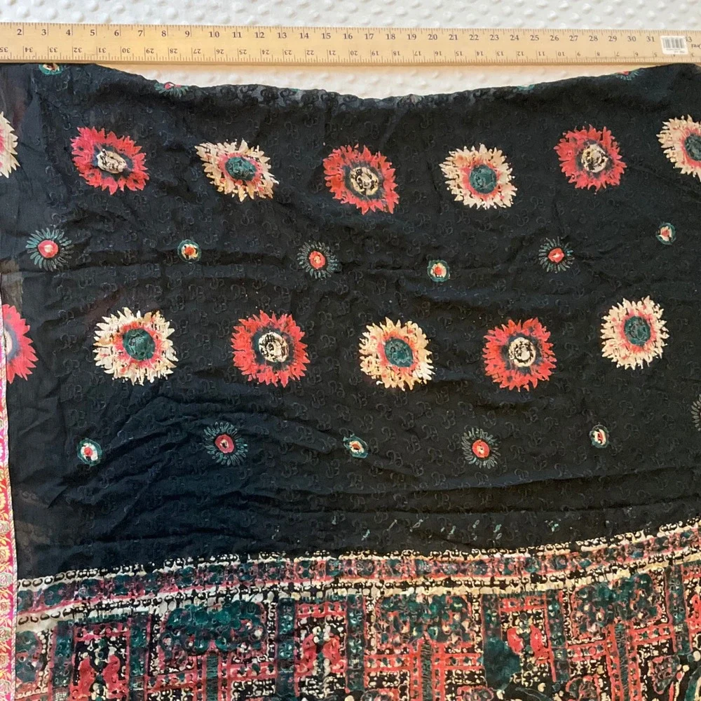 Bohemian Black Floral Scarf Shawl Wrap‎ Exotic Print Border